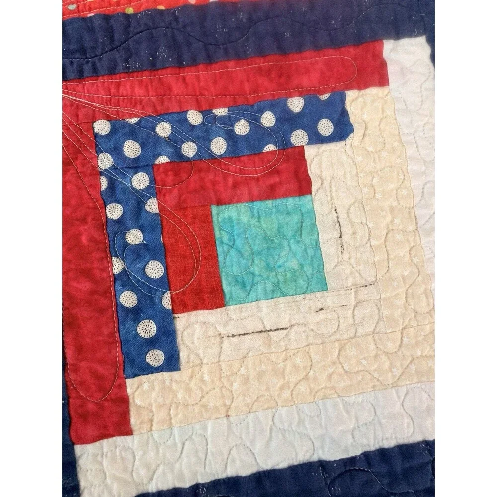 Handmade Log Cabin Patchwork Quilt 57.5x57 Chicken Backing Red Blue Throw